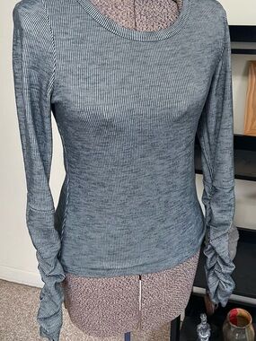 Free People Navy and White Thin-Stripe Ribbed Long Sleeve RuchedTee